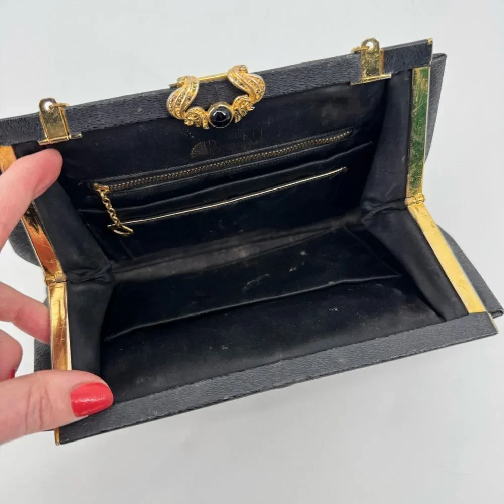 Vintage 50s-60s Rosenfeld Black‎ Leather Evening Clasp Bag